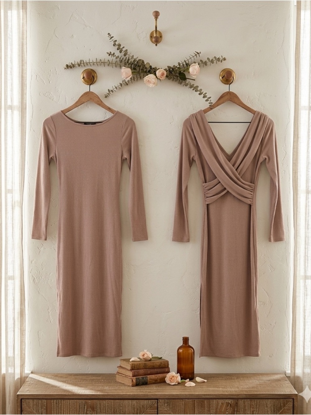 ASTR Ribbed Cross Back Midi Dress Nude L
